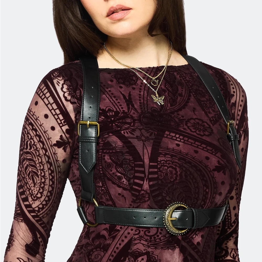 Disturbia Black Leather Sylvie Harness Belt with Antiqued Gold Buckle